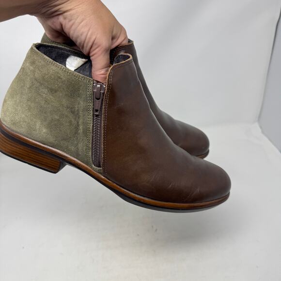 Naot Helm Two-Tone Leather Suede Side Zip Brown Green Ankle Boot Size 40 - Picture 7 of 14